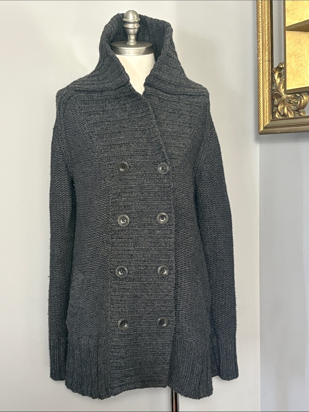 GAP Large Lambswool Blend Dark Gray Double Breasted Knit Cardigan Sweater